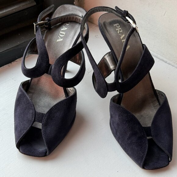 Prada - Navy Blue Suede Strappy Heels - Picture 1 of 5